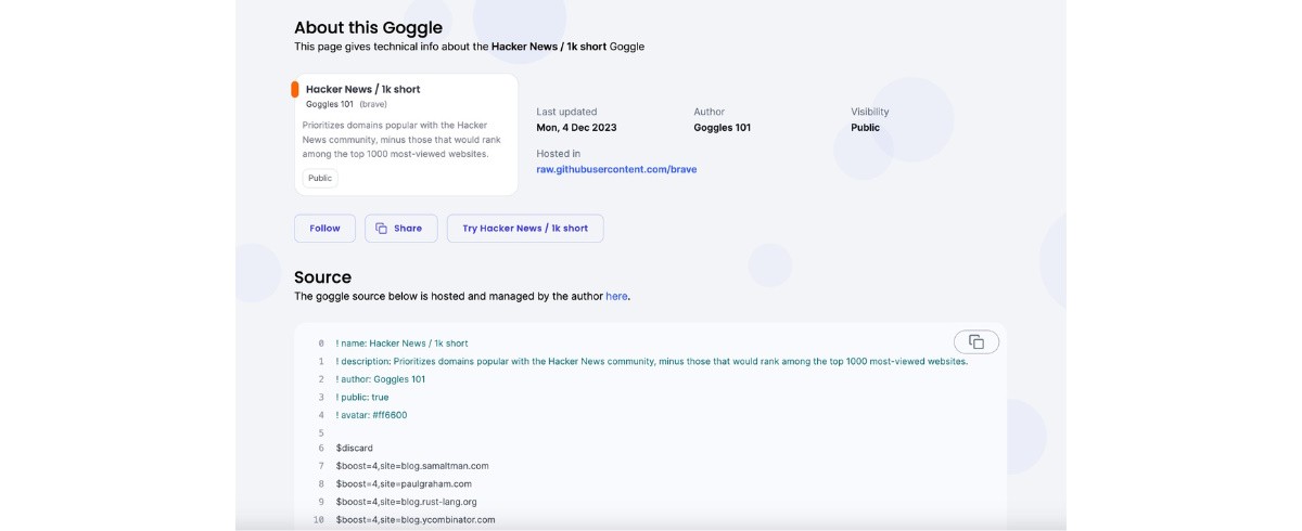 Brave Search Goggles Functionality