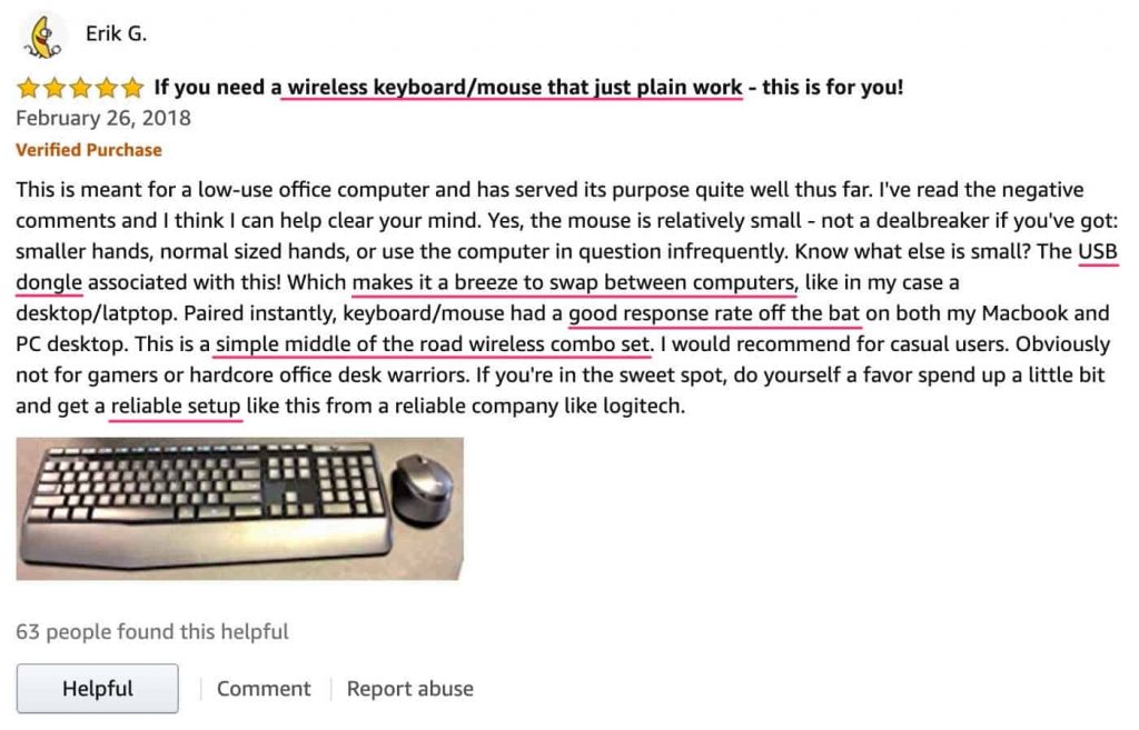 Amazon.com screen capture of a customer review with the product benefits highlighted