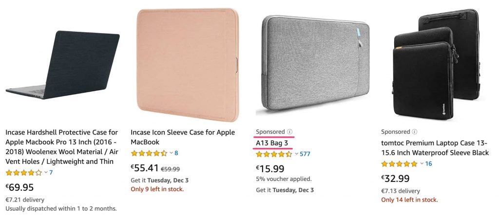 Amazon.com screen capture with search results showing and  highlighting a product title