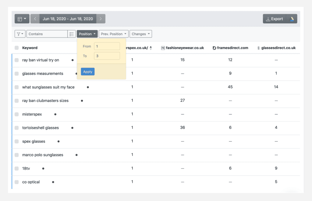 Website Comparison report filter in Advanced Web Ranking.