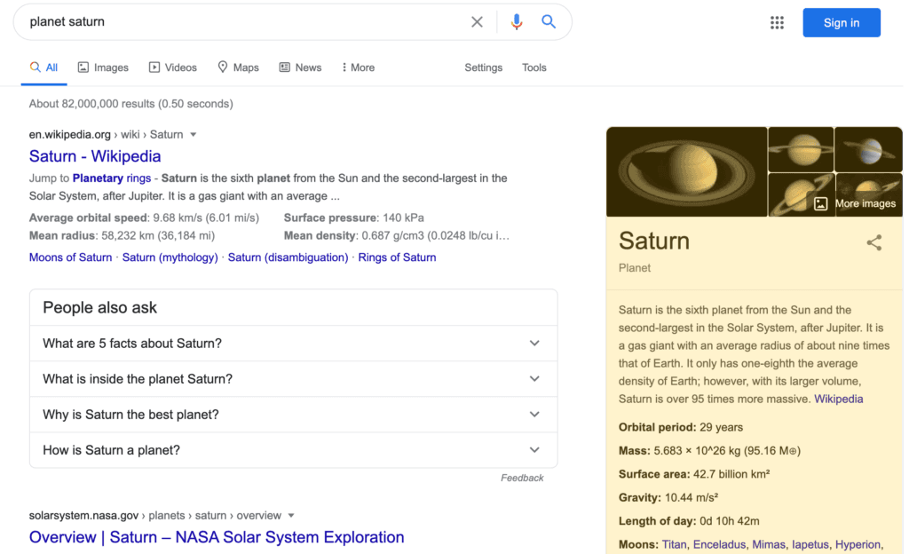 Knowledge Panel search result on a desktop device