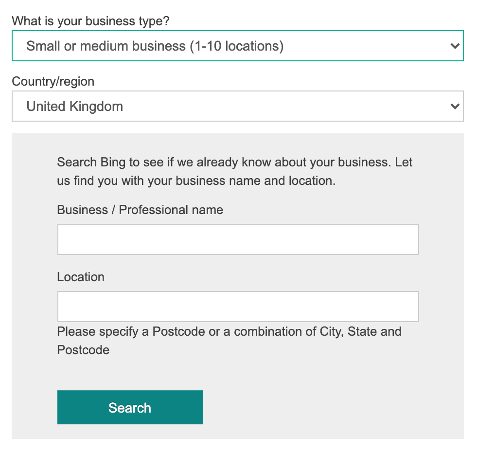 local seo, bing places, business type