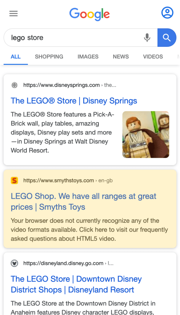 Regular Organic search result on a mobile device