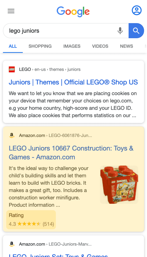 Organic search result with Rating Stars on a mobile device