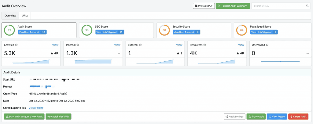 Screenshot with the issues report from SiteBulb.