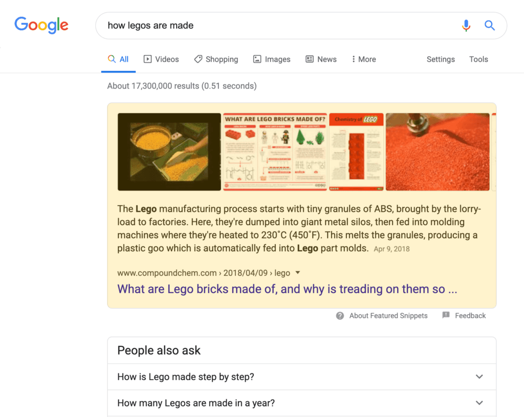Featured Snippet search result on a desktop device
