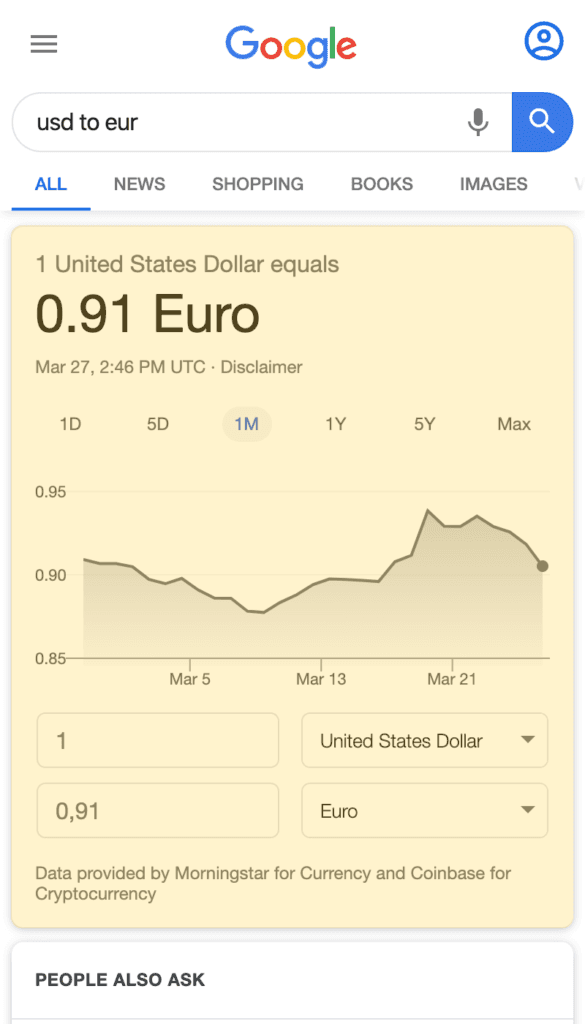 Currency Converter search result on a mobile device