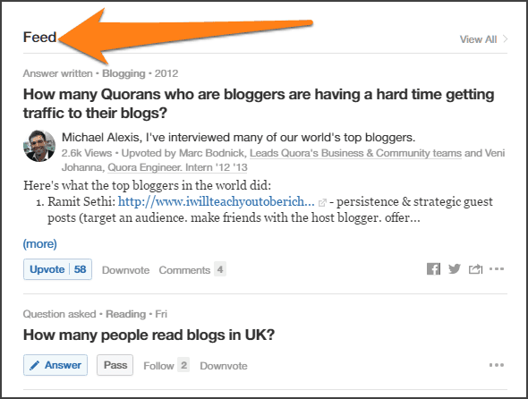 Screenshot highlighting the Quora Q&A Feed.