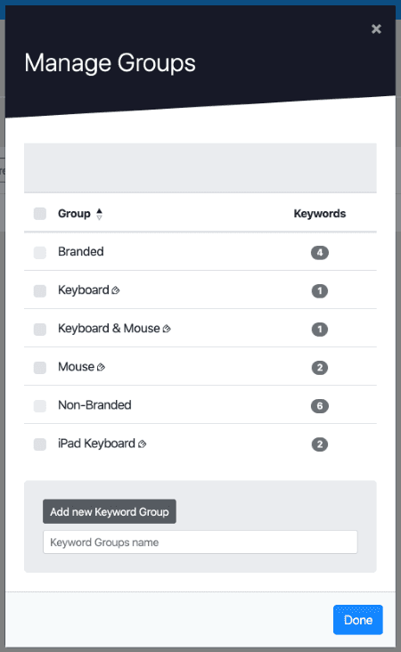 AWR screen capture showing keyword groups management