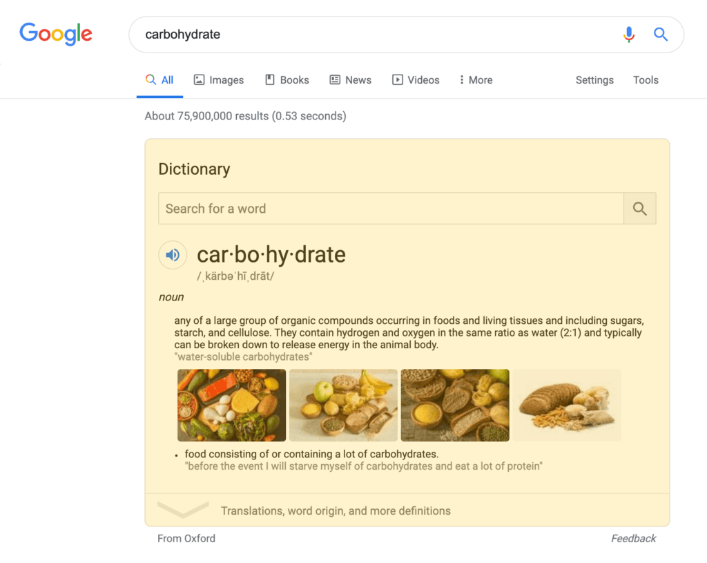 Dictionary Box search result on a desktop device