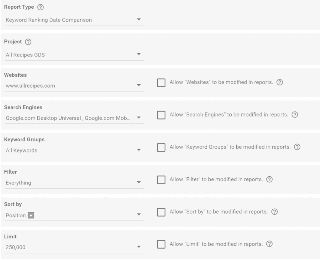 advanced web ranking, Keyword Ranking Date Comparison Setup