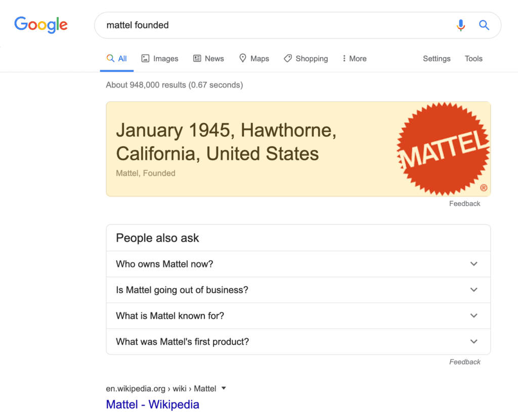 Direct Answer search result on a desktop device
