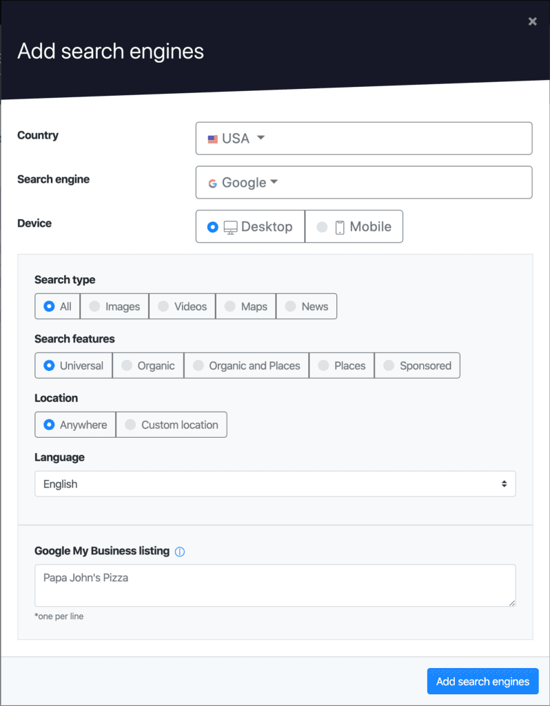 Advanced Web Ranking's Universal search engine for monitoring Featured Snippets search results