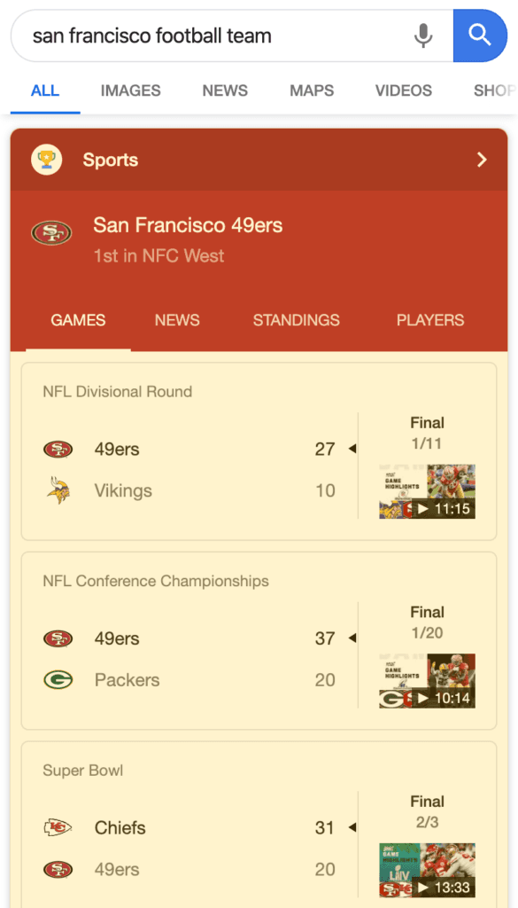 Sports Box search result on a mobile device
