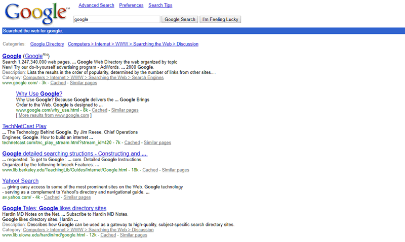 Google search results in the past