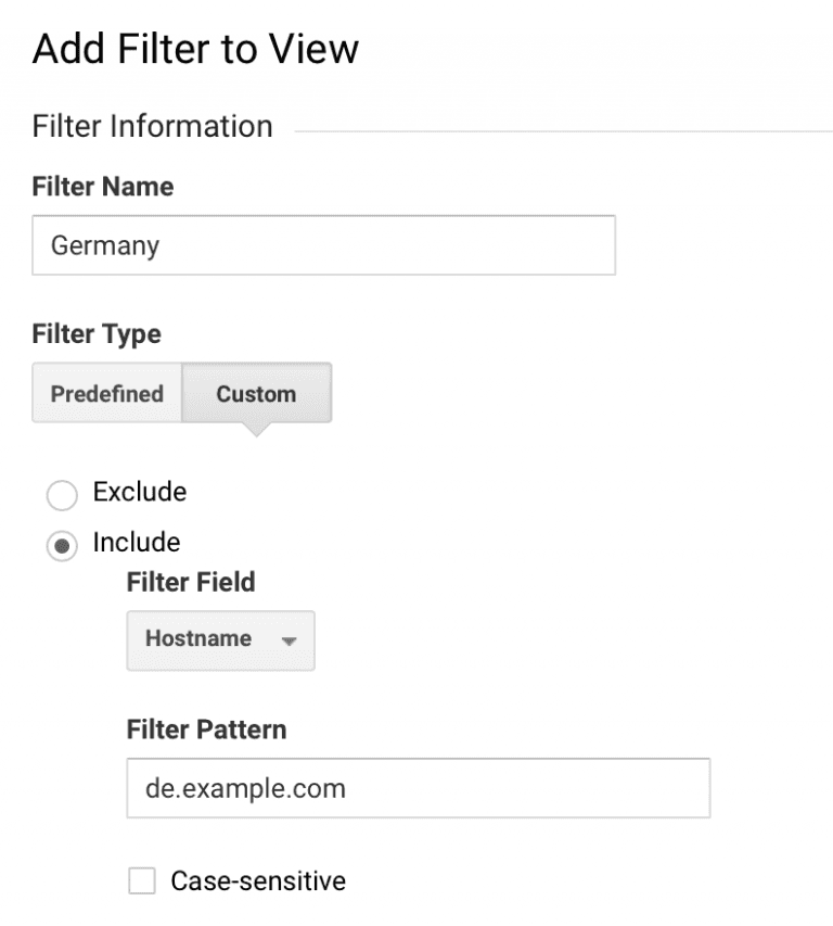 Screenshot with how to configure filters in Google Analytics, based upon hostname.