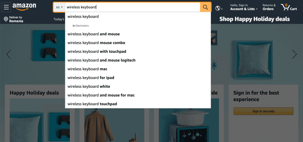 Amazon.com screen capture with search suggestions showing in the search bar