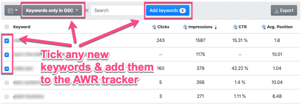 Screenshot showing the filters to use in AWR report to identify new keywords from GSC to target.