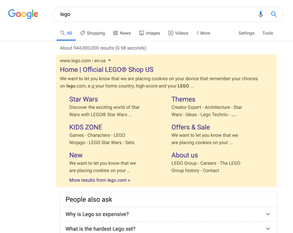Enriched Organic search result on a desktop device
