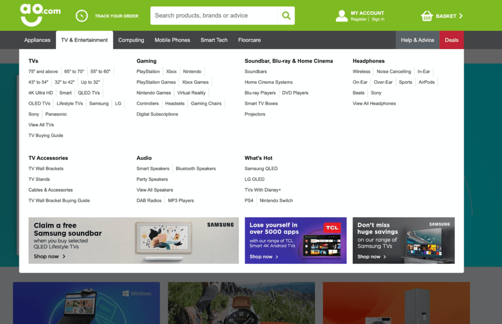Screenshot of the mega menu on a desktop device for ao.com