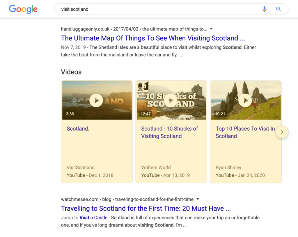 Video Carousel search result on a desktop device