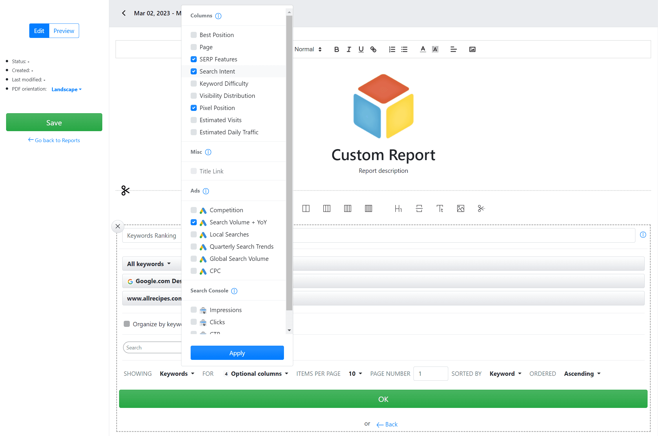 Advanced Web Ranking, custom report additional columns