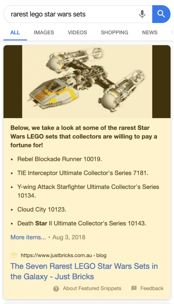 Bulleted Featured Snippet search result on a mobile device