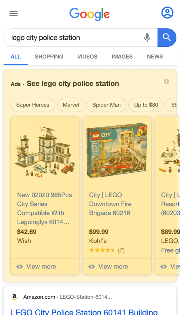 Google Shopping search result on a mobile device