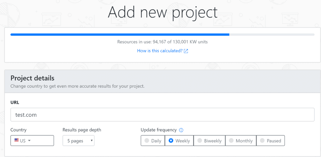 Advanced Web Ranking, add new project wizard