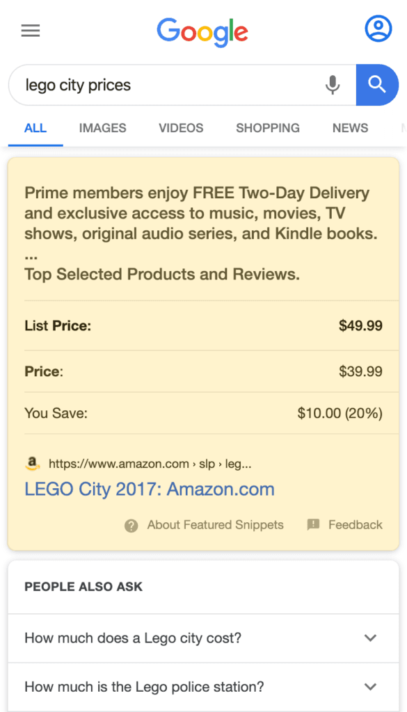 Table Featured Snippet search result on a mobile device