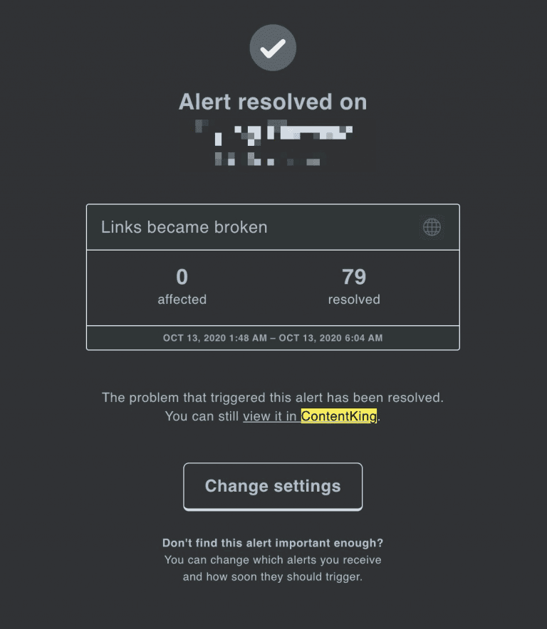 Screenshot with the Contentking email alerts.