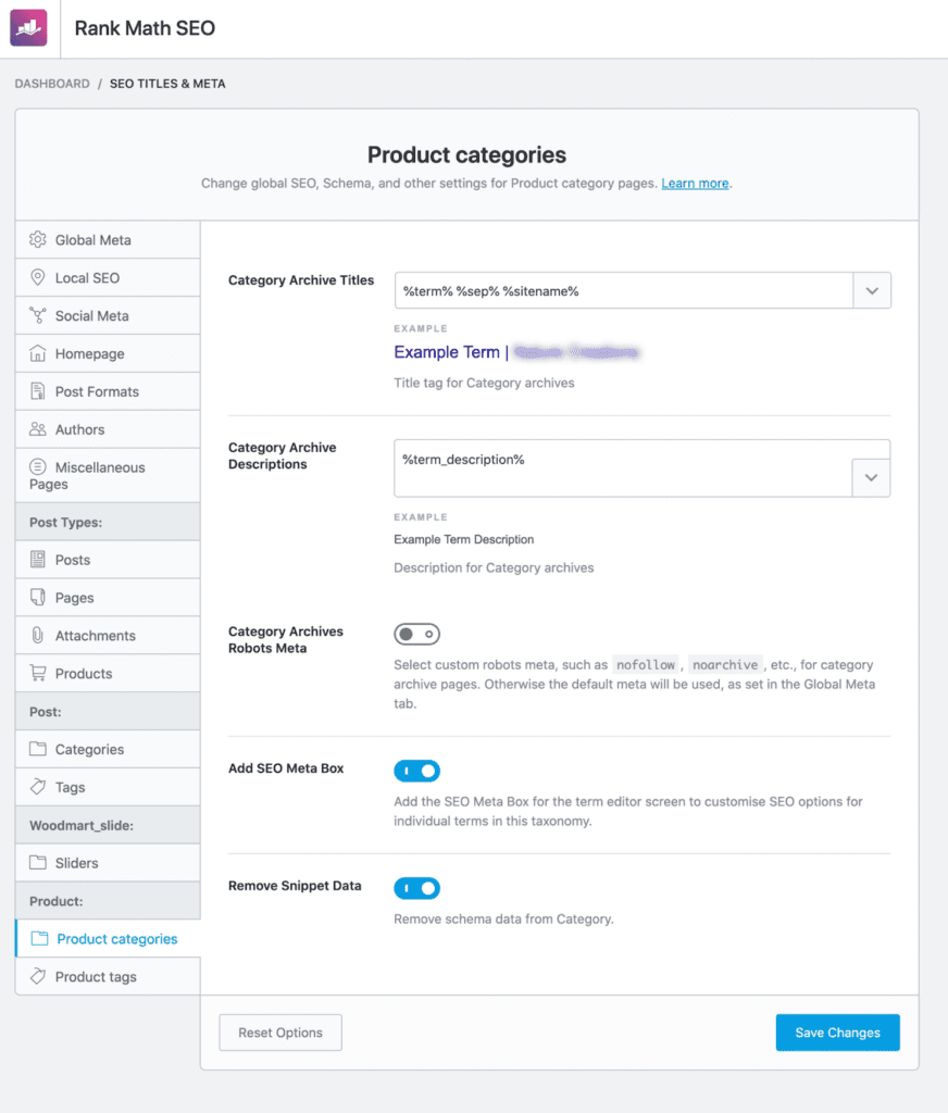 Rank Math SEO product categories template.