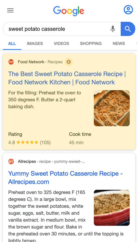 AMP search result on a mobile device