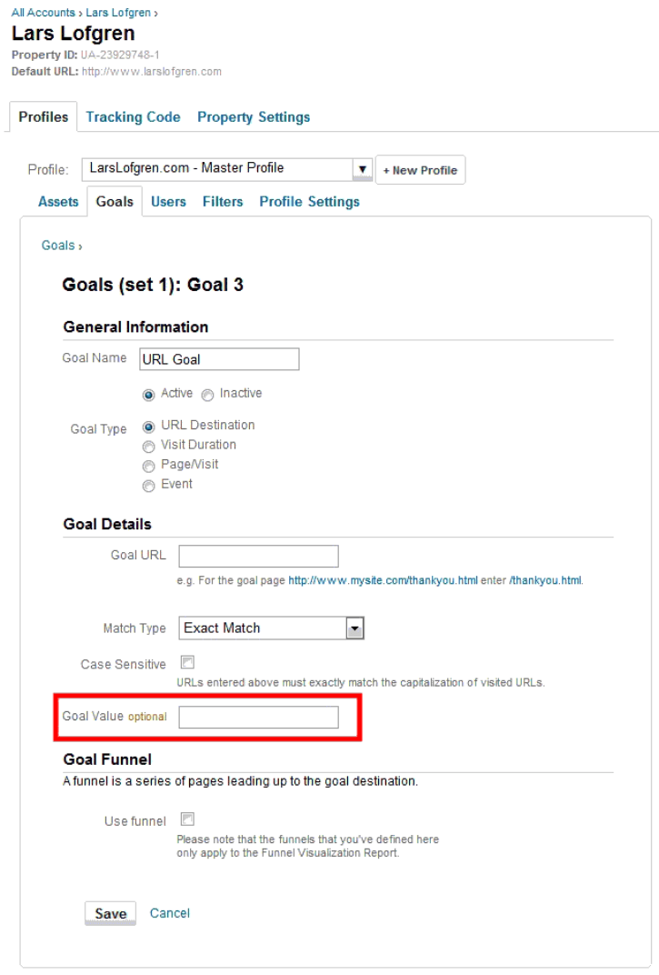 Screenshot showing hot to set goal value in Google Analytics.