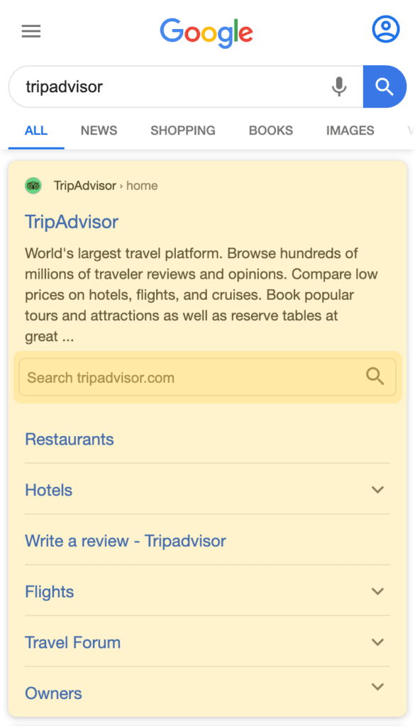 Organic search result with Searchbox on a mobile device