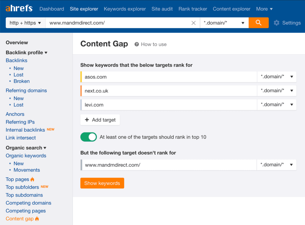Content gap analysis report for domains in Ahrefs.