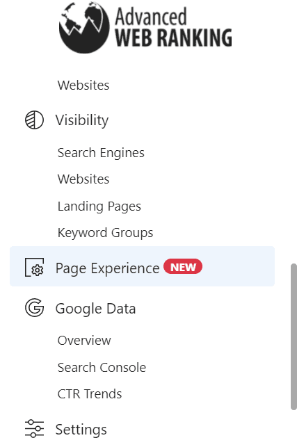 Screenshot with the AWR Page Experience app menu.