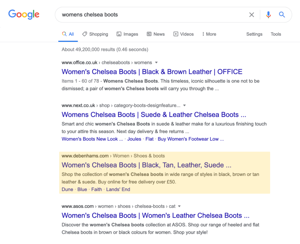 SERP for womens chelsea boots with website highlighted.