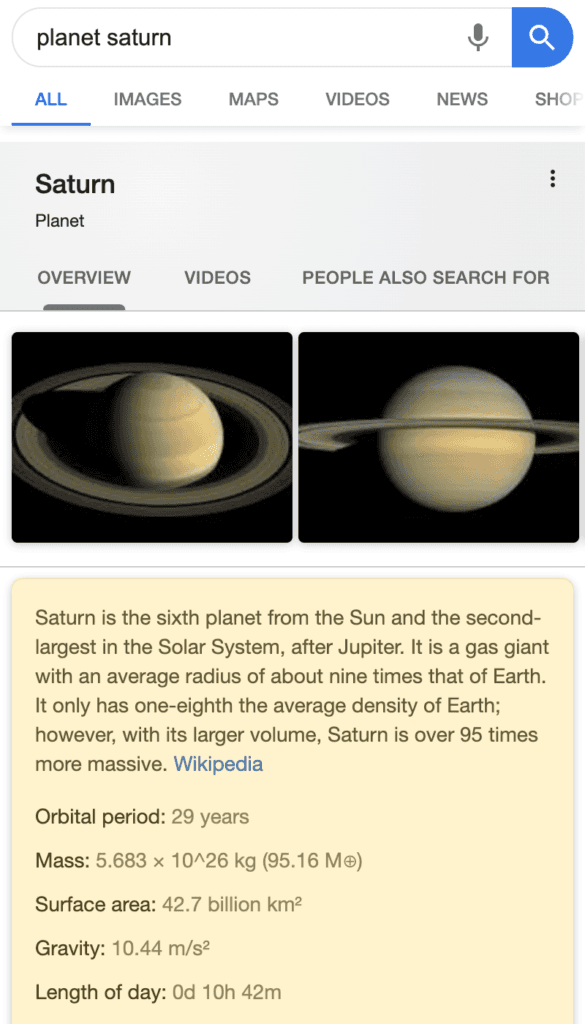Knowledge Panel search result on a mobile device