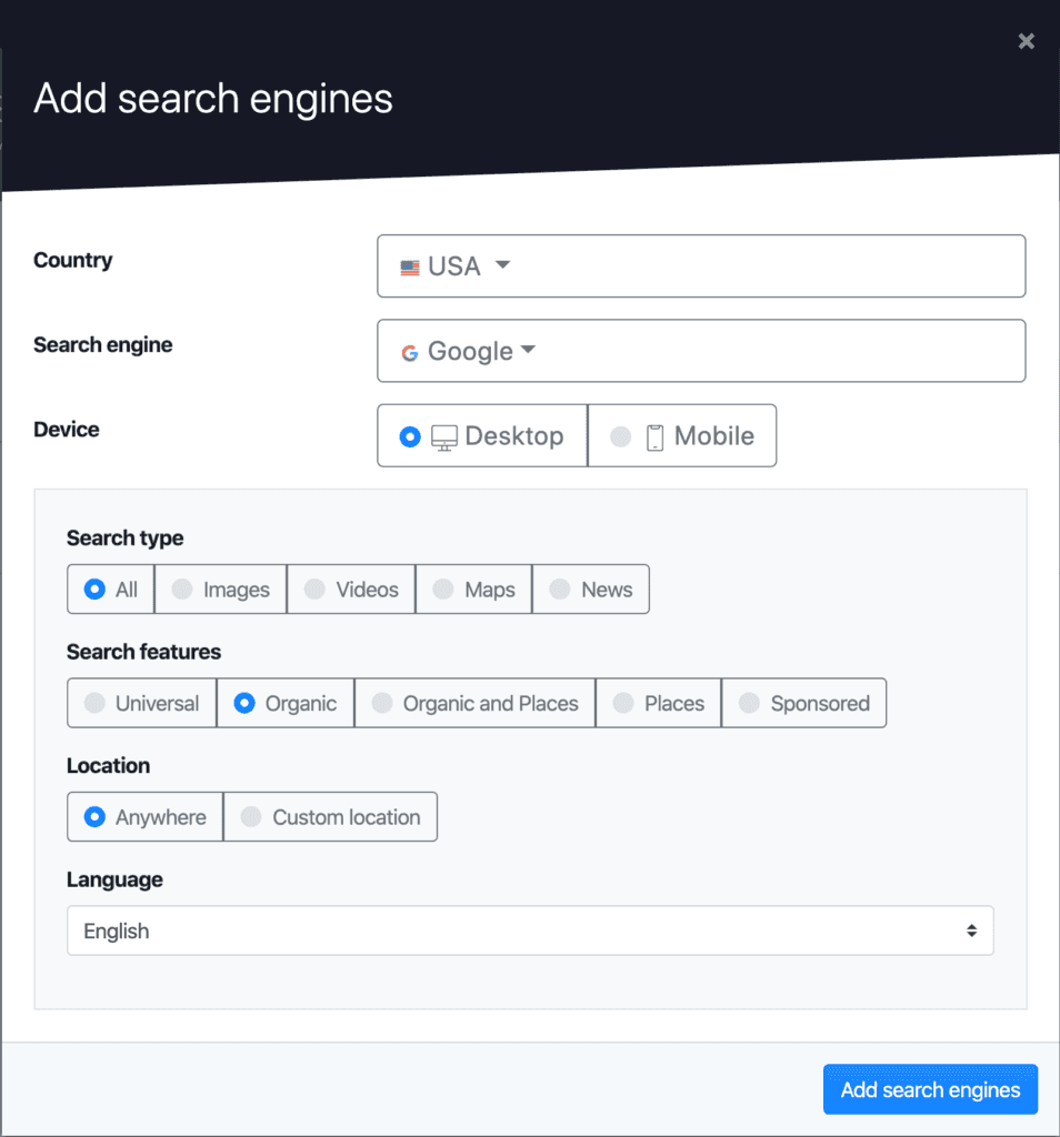 Advanced Web Ranking's Organic search engine for monitoring organic positions from Google