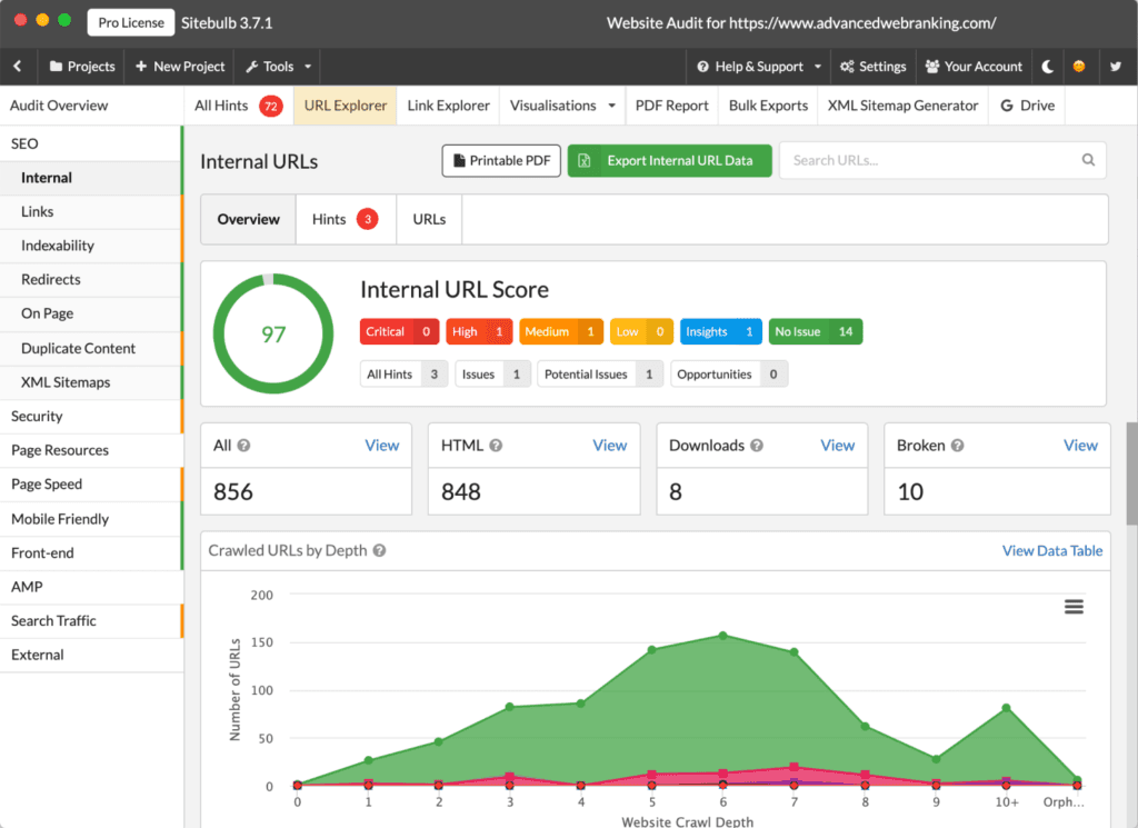 Sitebulb Internal report with URL Explorer highlighted.