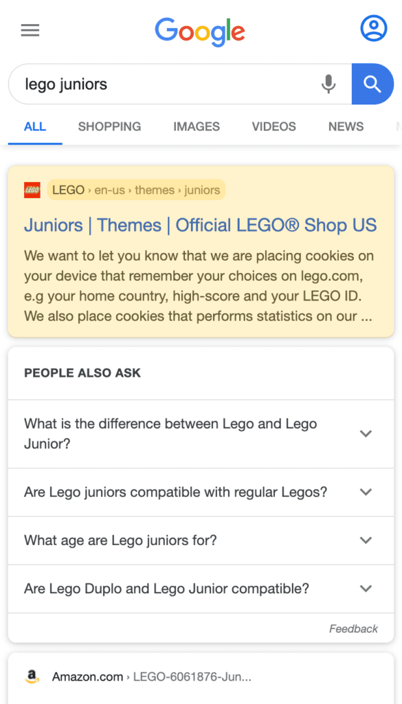 Organic search result with Breadcrumb on a mobile device