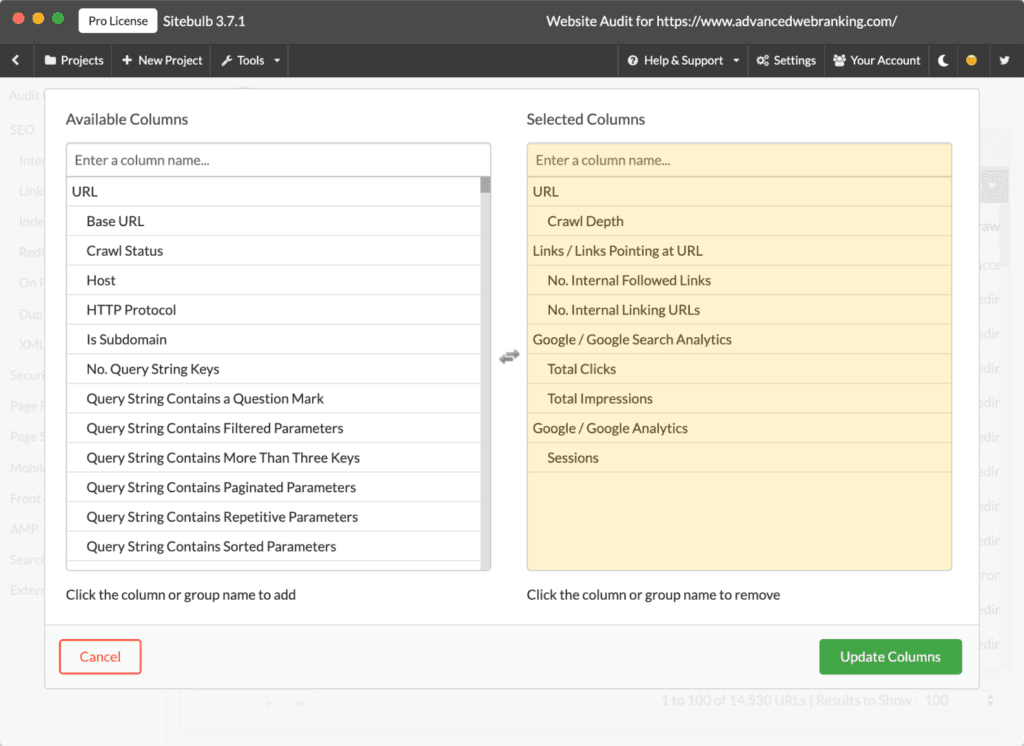 Sitebul report settings with selected columns highlighted.