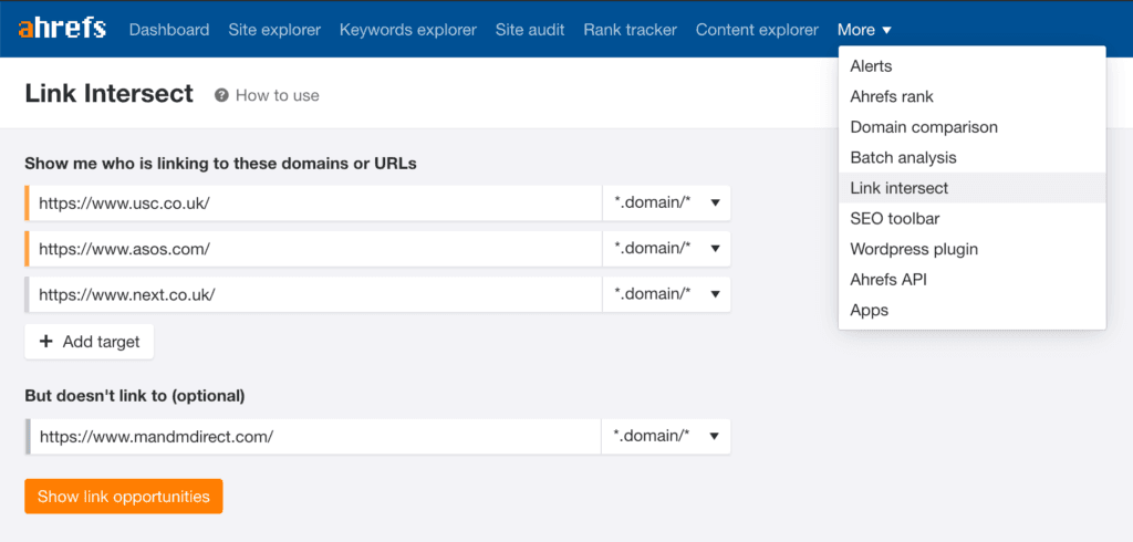 Ahrefs link intersect report for MandM Direct.