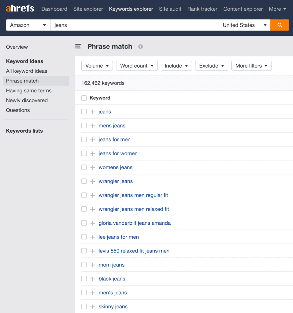 Keyword suggestions on Ahrefs keyword explorer.
