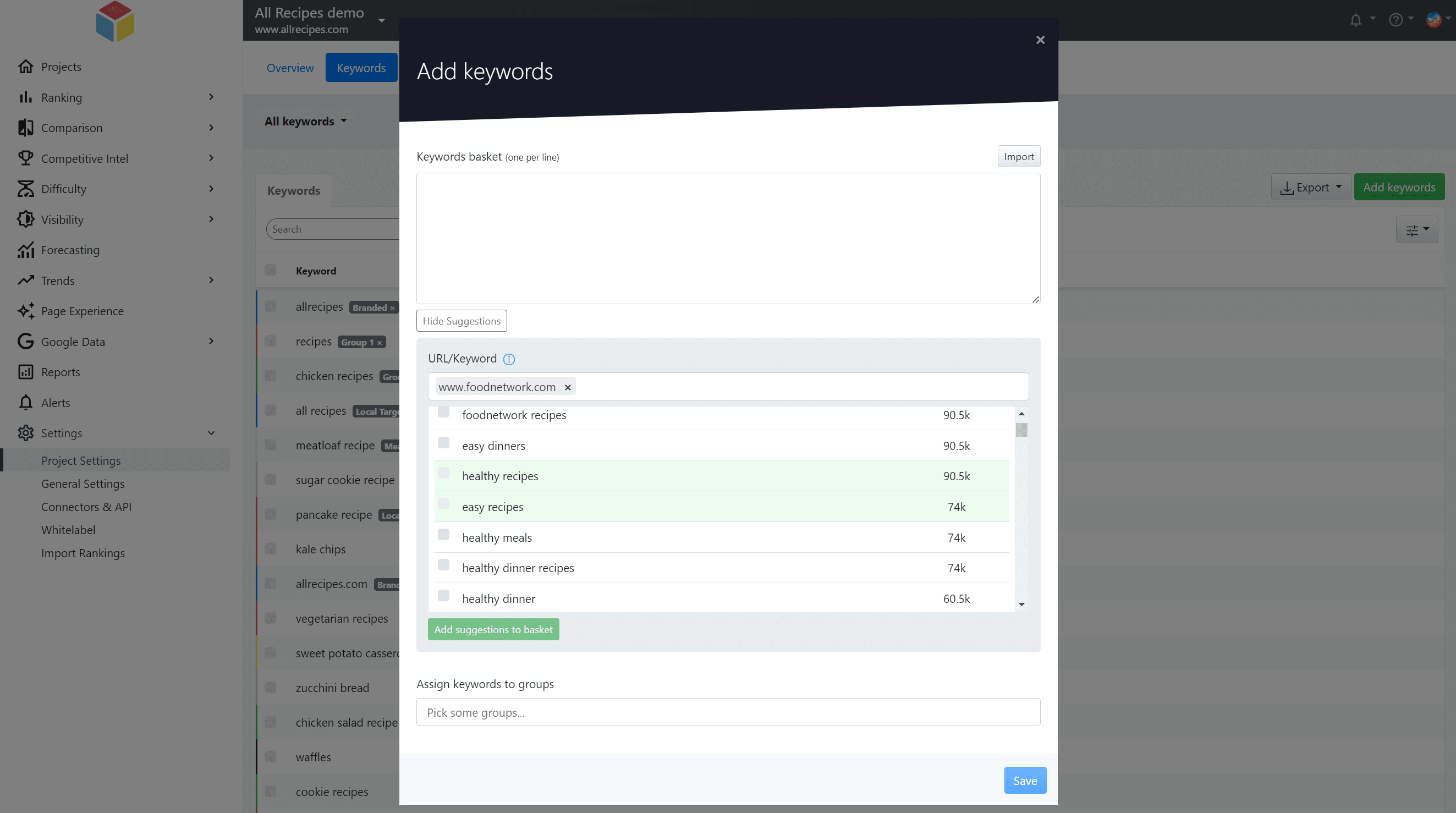 advanced web ranking, add keywords view 