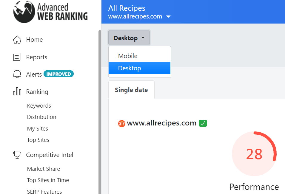 Close-up screenshot from the AWR Page Experience report, highlighting the option to switch between devices.