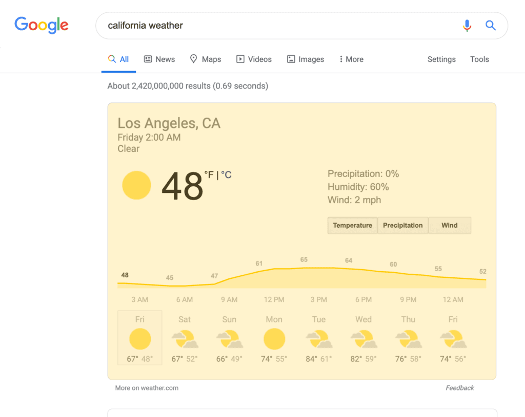 Weather Box search result on a desktop device
