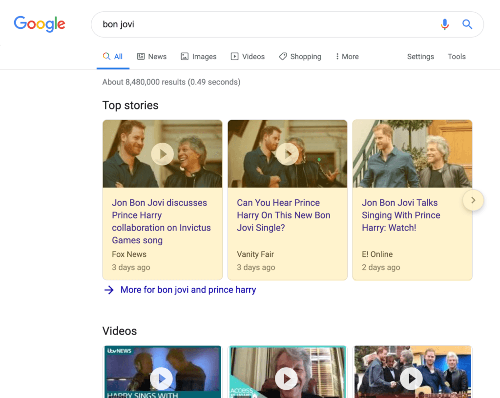 Top Stories search result on a desktop device