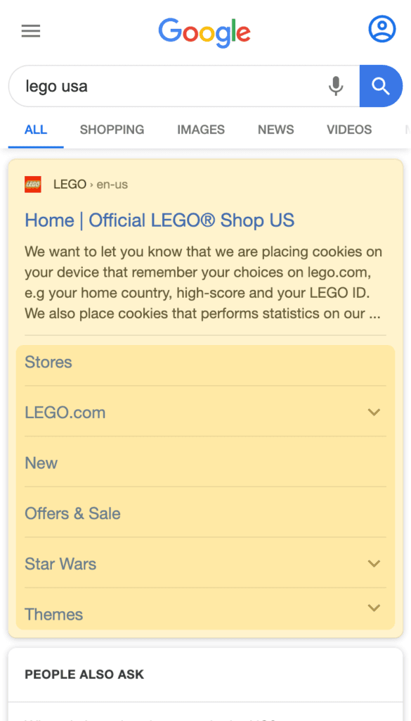Organic search result with Sitelinks on a mobile device